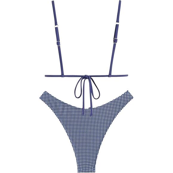 Seamoly Womens Small Gingham Tie Back Two Piece Thong Triangle Bikini Swimsuit - Picture 2 of 4